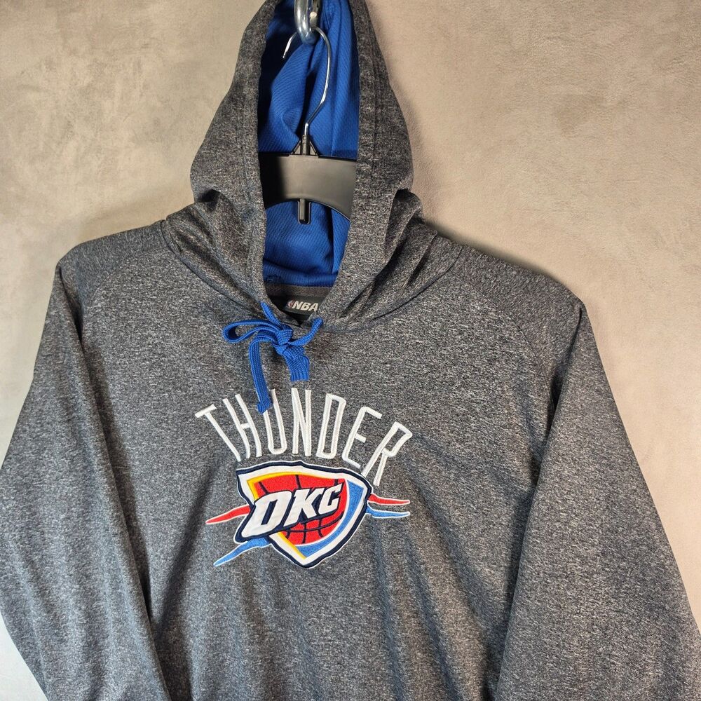 NBA OKC Thunder Hoodie Sweatshirt Heather Gray Royal Blue Lining Shield Logo